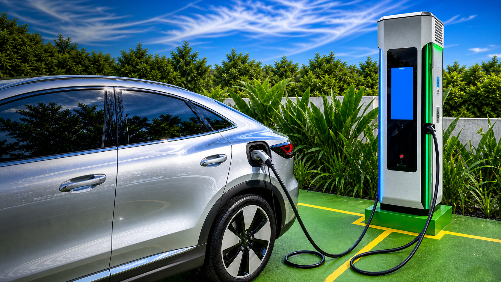 Eletroposto completo com carro elétrico prata brilhante conectado ao carregador