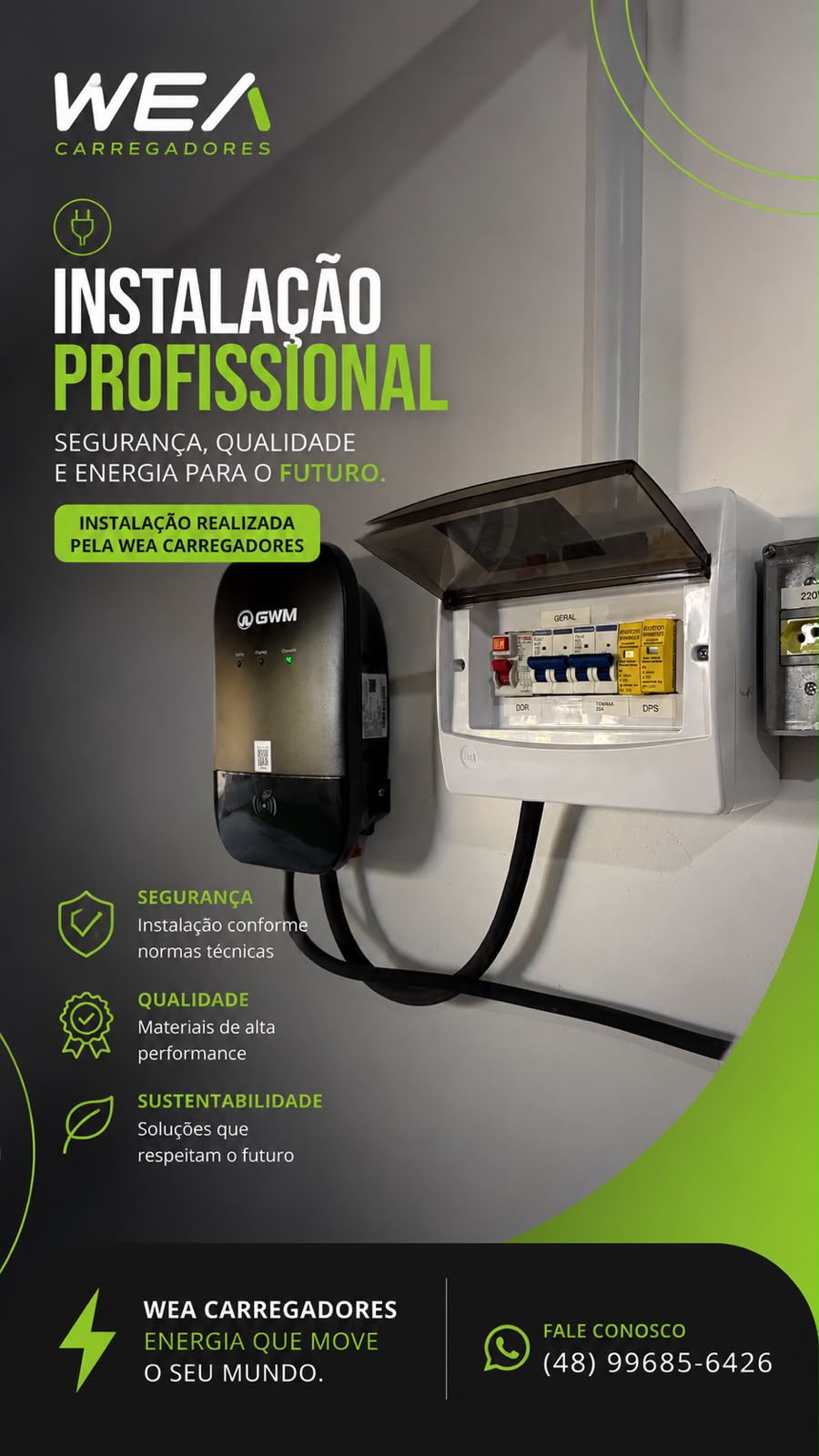 Carregador residencial instalado com quadro de proteção